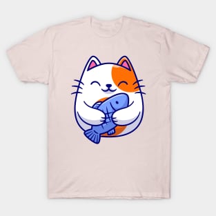 Cute Cat Holding Fish Cartoon T-Shirt